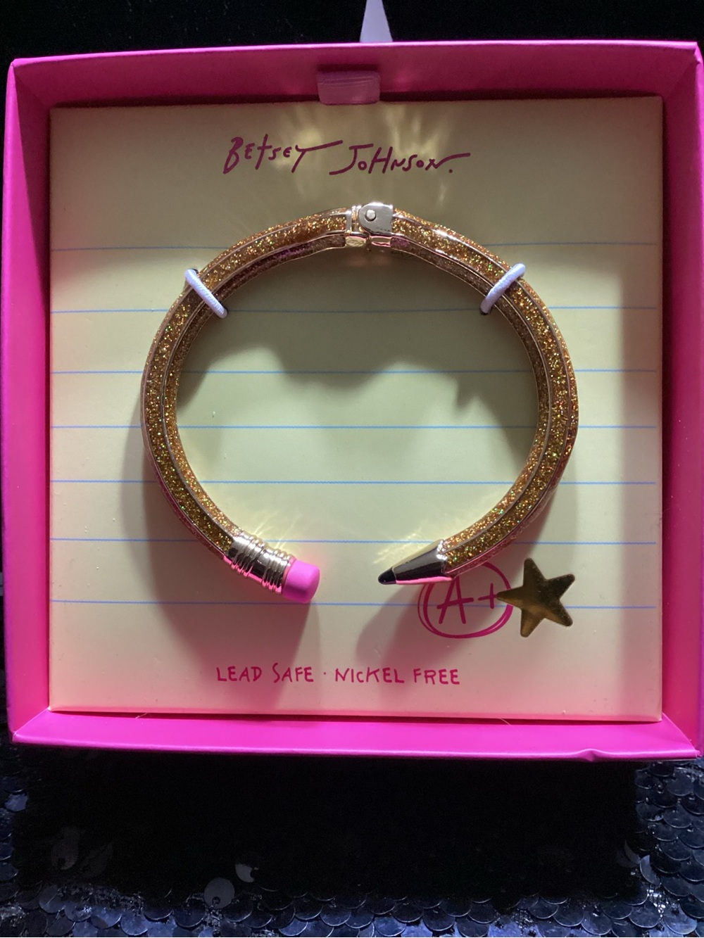 Betsey Johnson Gold Glitter Pencil Bangle with Pink Eraser Accent